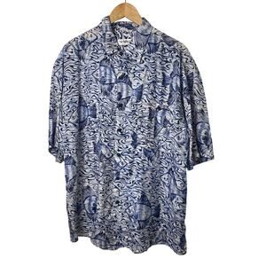 Summa Silk Blue Fish Pattern 100% Silk Short Sleeve Button Down Men's Size Large